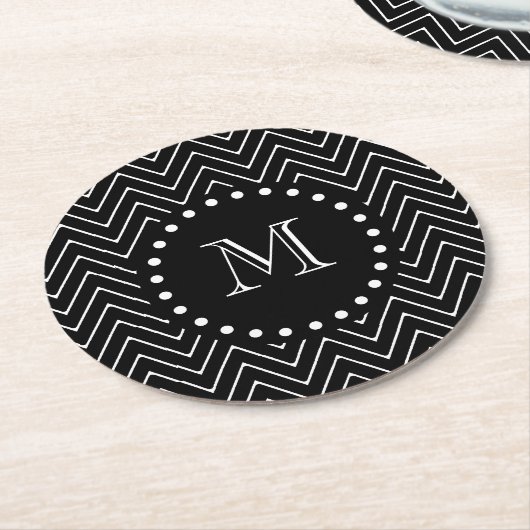 Black Chevron Pattern | Zwart monogram Ronde Kartonnen Onderzetter (Gebogen)