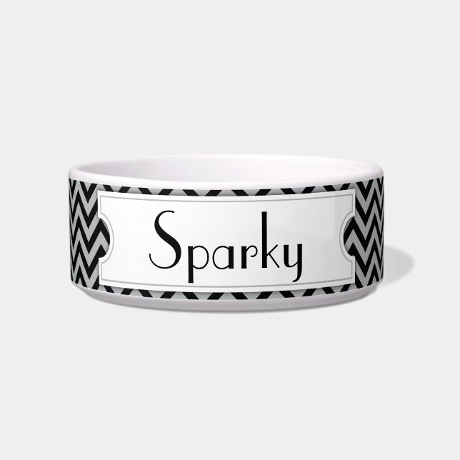 Black Chevron Personalized Pet Bowl Voerbakje (Voorkant)