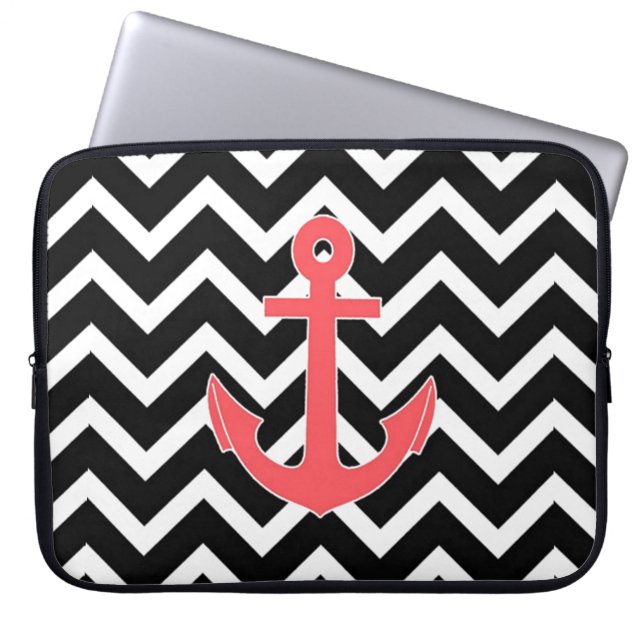 Black Chevron Pink Anchor Laptop Sleeve (Voorkant)