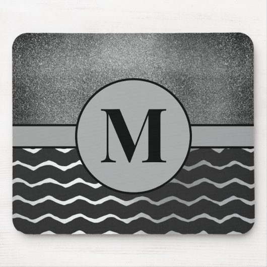 Black Chevron Silver Glitter Monogram Initiaal Muismat (Voorkant)