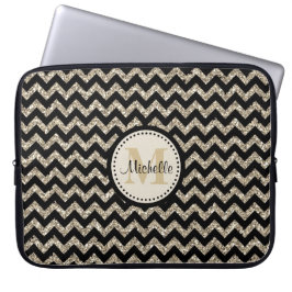 Black Chevron Silver Gold Faux Glitter Monogram Laptop Sleeve