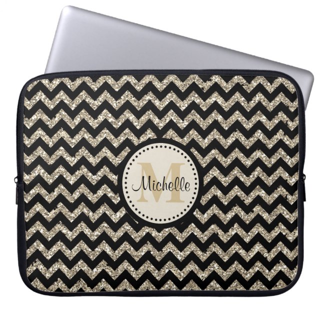 Black Chevron Silver Gold Faux Glitter Monogram Laptop Sleeve (Voorkant)