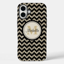 Black Chevron Silver Gold Monogram iPhone 16 Plus Hoesje