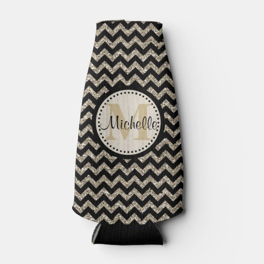 Black Chevron Silver Gold Monogram Flesjeskoeler (Voorkant)