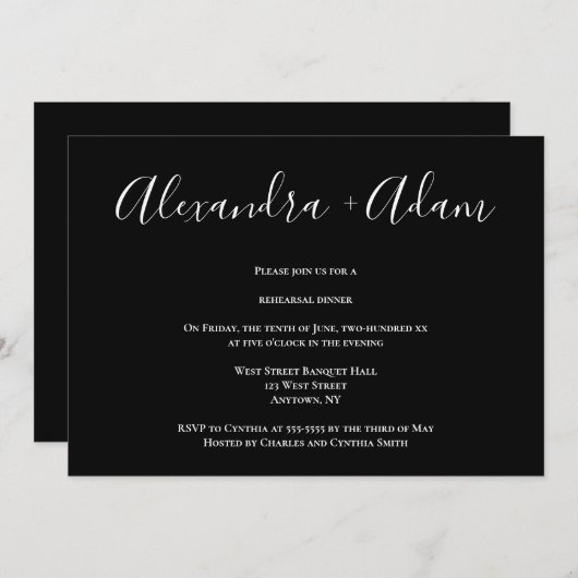 Black Chic Calligraphy Rehearsal Dinner Invitation Kaart (Voorkant / Achterkant)