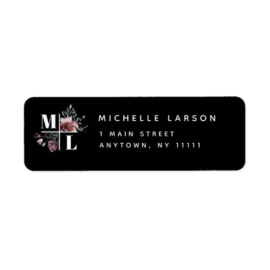 Black Chic Floral Monogram Return Address Label (Voorkant)