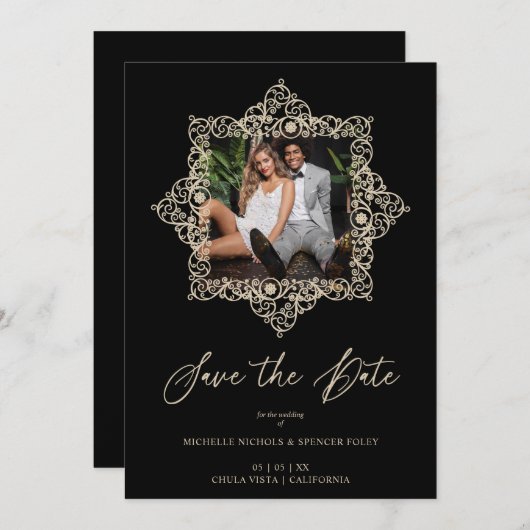 Black Chic Flourish Ornament Lace Effect Photo (Voorkant / Achterkant)