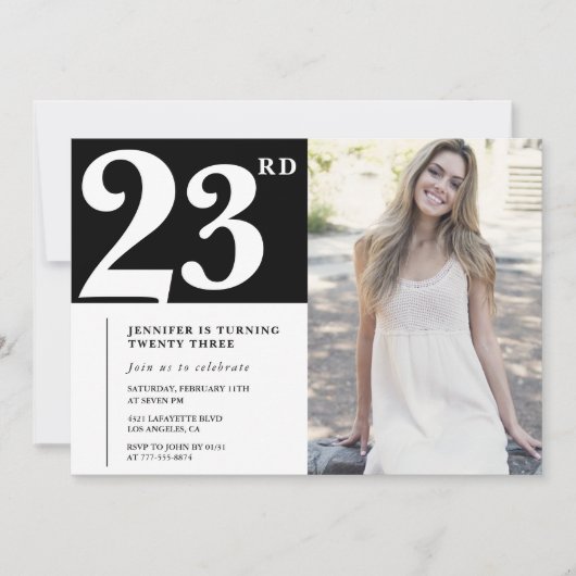 Black Chic Foto 23e verjaardag Uitnodigingen (Voorkant)