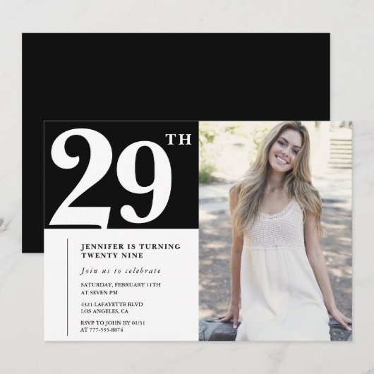 Black Chic foto 29e verjaardag Uitnodigingen (Voorkant / Achterkant)