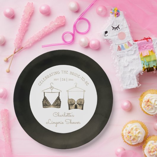Black Chic Lace Waterverf Lingerie Vrijgezellenfee Papieren Bordje (Feest)