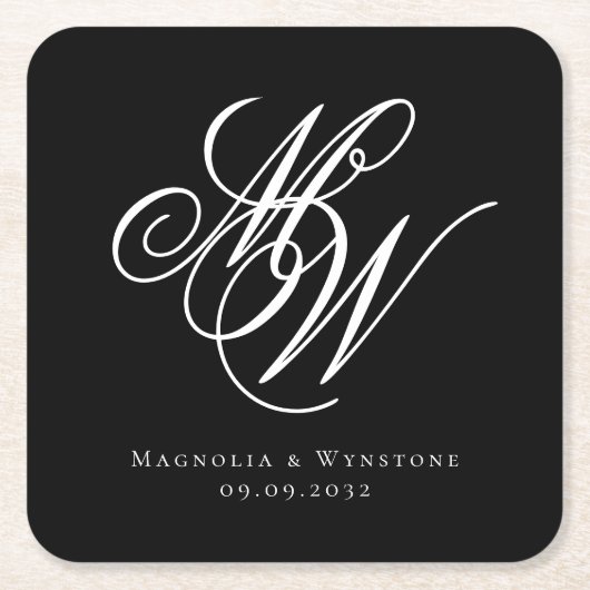 Black Chic Monogram Wedding Kartonnen Onderzetters (Voorkant)