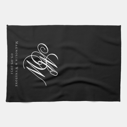 Black Chic Monogram Wedding Theedoek (Horizontaal)
