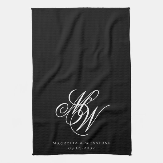 Black Chic Monogram Wedding Theedoek (Verticaal)