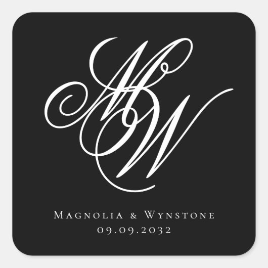 Black Chic Monogram Wedding Vierkante Sticker (Voorkant)