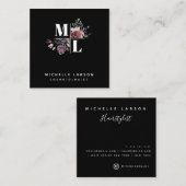 Black Chic Square Floral Monogram Visitekaartje (Voorkant / Achterkant)