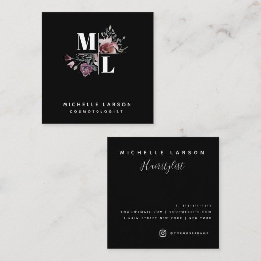 Black Chic Square Floral Monogram Visitekaartje (Voorkant / Achterkant)