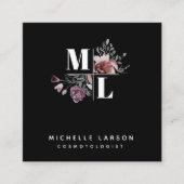 Black Chic Square Floral Monogram Visitekaartje (Voorkant)