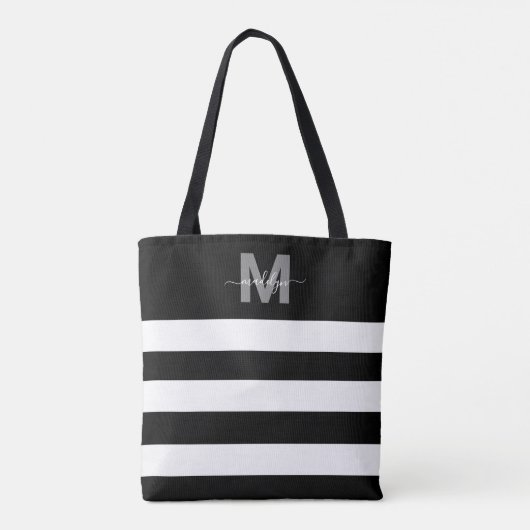 Black Chic Stripes Naam Monogrammed Tote Bag (Achterkant)