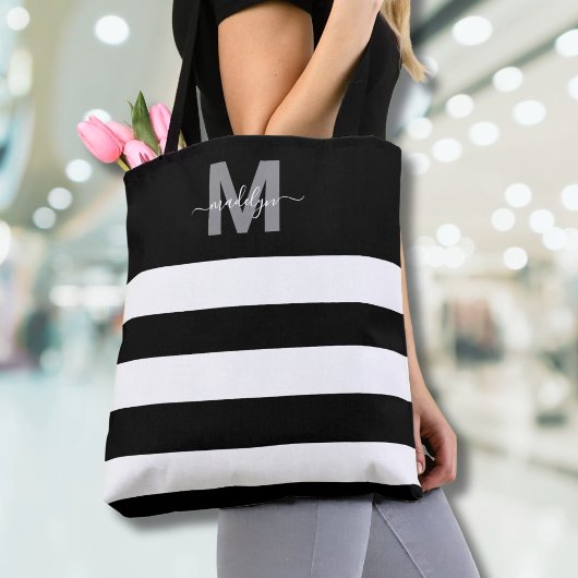 Black Chic Stripes Naam Monogrammed Tote Bag