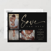 Black Chic Trendy Collage Wedding 3 foto's Briefkaart (Voorkant / Achterkant)