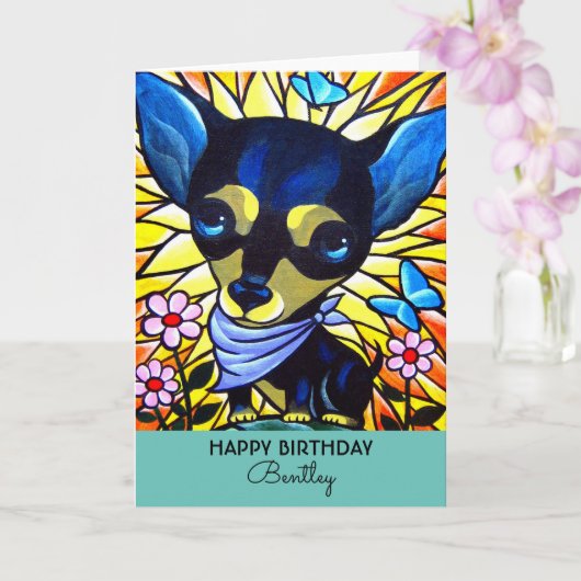 Black Chihuahua Birthday Dog Teal Artwork Kaart (Orchidee)