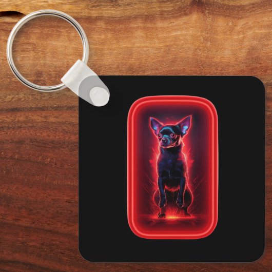 Black Chihuahua Dances Amidst Neon Red Light Sleutelhanger (Voorkant)