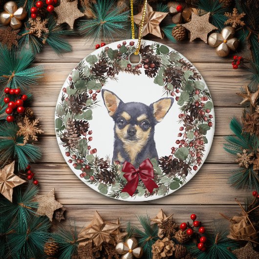 Black Chihuahua Dog Pinecone Wreath Personalized Keramisch Ornament