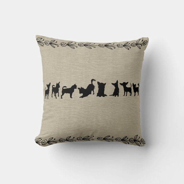 Black Chihuahua Silhouette  Floral Pillow Kussen (Voorkant)