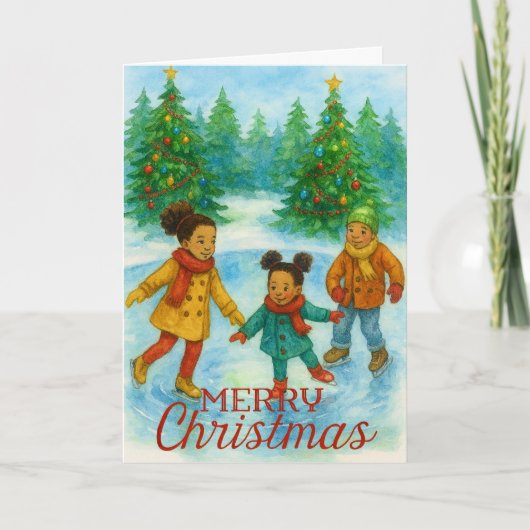 Black Children Ice Skating Christmas Card Feestdagen Kaart (Voorkant)