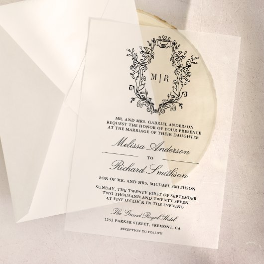 Black Chinoiserie Crest Monogram Huwelijk Vellum Uitnodigingen