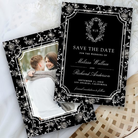 Black Chinoiserie Crest Photo Wedding Save The Date