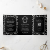 Black Chinoiserie Crest QR Code Huwelijk Drieluik Uitnodiging (Binnen)
