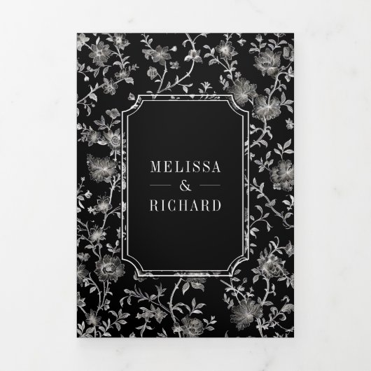 Black Chinoiserie Crest QR Code Huwelijk Drieluik Uitnodiging (Cover)