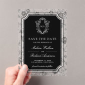 Black Chinoiserie Crest Wedding Save the Date Acryl Uitnodigingen (Insitu (Draagbaar))