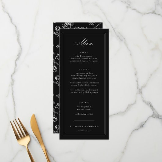 Black Chinoiserie Floral Wedding Menu (Voorkant / Achterkant in situ)