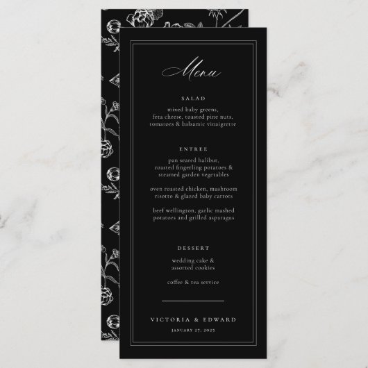 Black Chinoiserie Floral Wedding Menu (Voorkant / Achterkant)