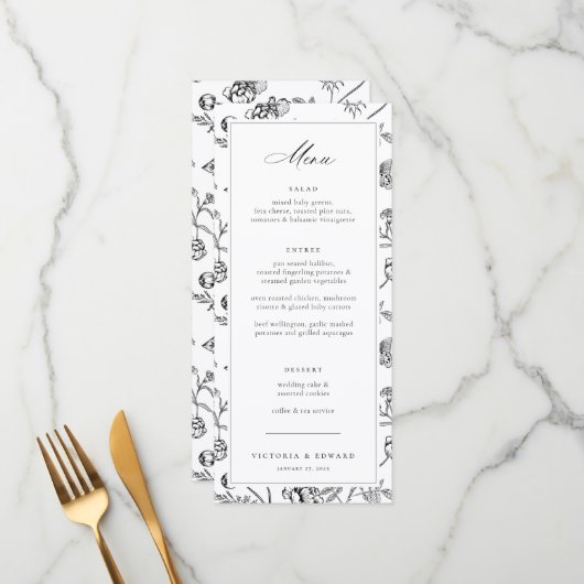 Black Chinoiserie Floral Wedding Menu (Voorkant / Achterkant in situ)