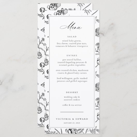 Black Chinoiserie Floral Wedding Menu (Voorkant / Achterkant)