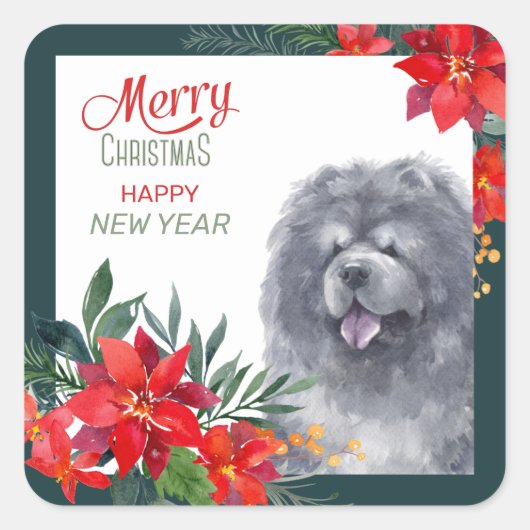 Black Chow Dog Poinsettia Border Kerstmis Vierkante Sticker (Voorkant)