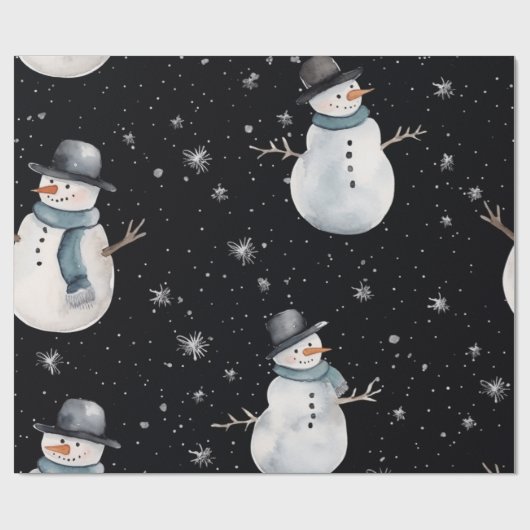Black Christmas Night Snowman Cadeaupapier (Vlak)
