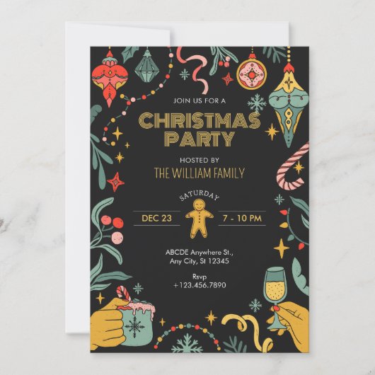 Black Christmas Party ornamenten Uitnodiging (Voorkant)