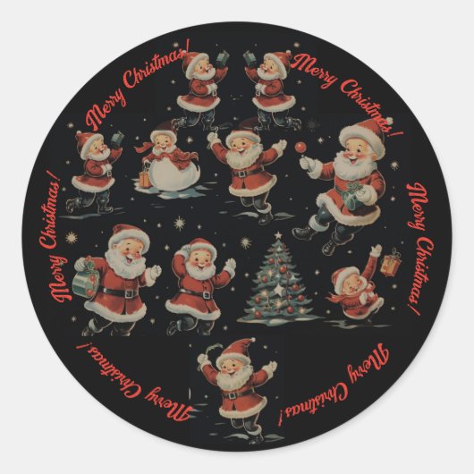 Black Christmas Santa Snowman vintage pattern  Ronde Sticker (Voorkant)