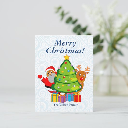Black Christmas tree with Santa Claus & Rudolph, Feestdagenkaart (Staand voorkant)