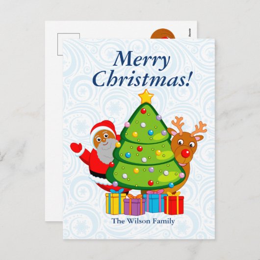 Black Christmas tree with Santa Claus & Rudolph, Feestdagenkaart (Voorkant / Achterkant)