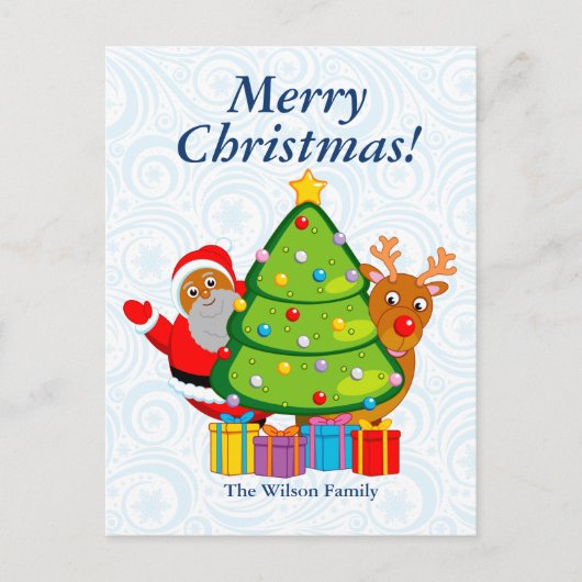 Black Christmas tree with Santa Claus & Rudolph, Feestdagenkaart (Voorkant)