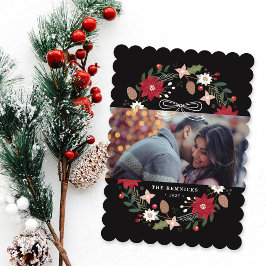 Black Christmas Wreath Floral Holiday Photo Card Kaart