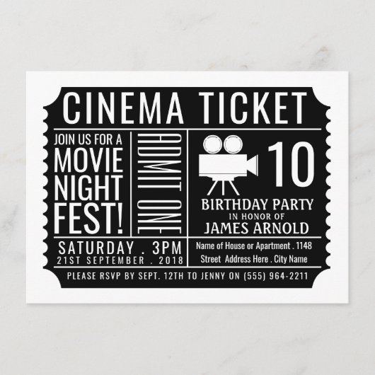 Black Cinema Ticket, Kind Birthday Party Ticket Informatiekaartje (Voorkant)