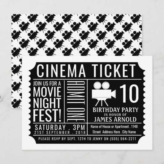 Black Cinema Ticket, Kind Birthday Party Ticket Informatiekaartje (Voorkant / Achterkant)