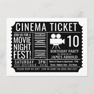 Black Cinema Ticket, Kind Birthday Party Ticket Informatiekaartje