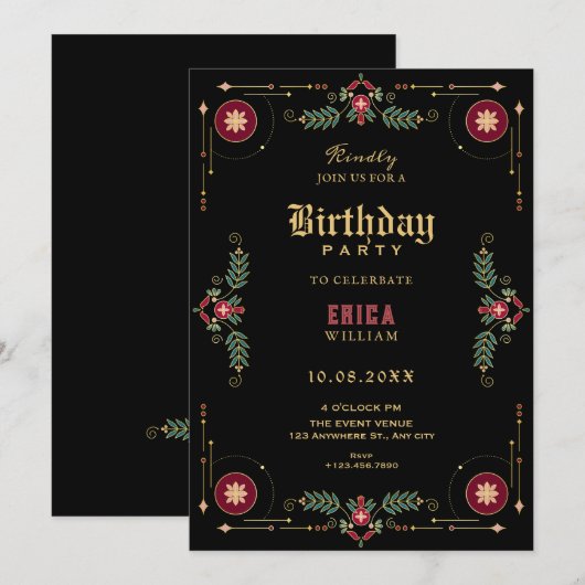 Black classic floral birthday kaart (Voorkant / Achterkant)